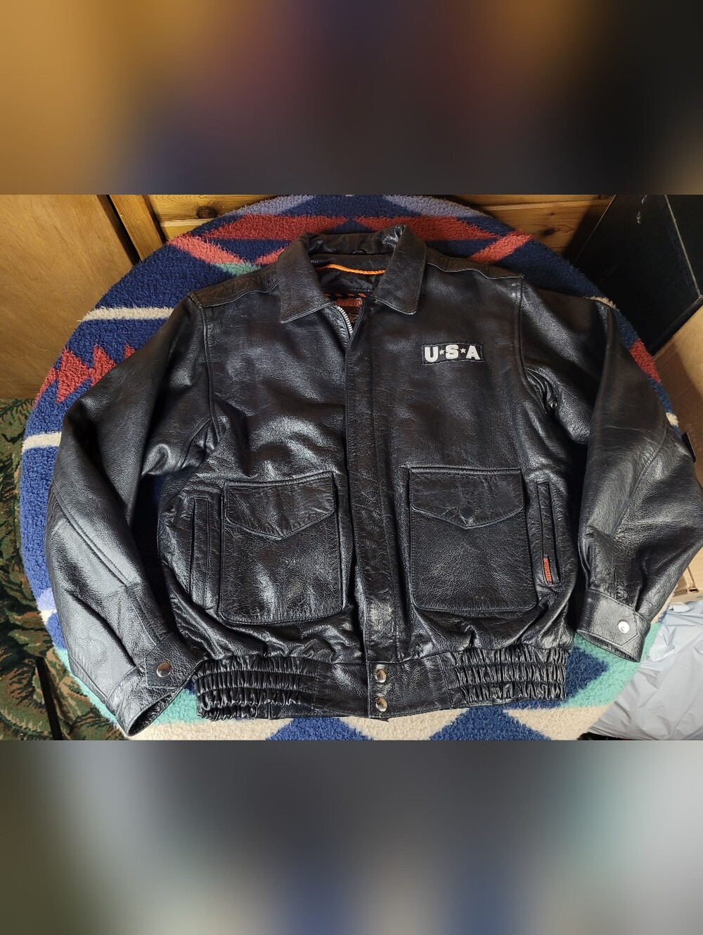 Interstate Leather Biker USA Jacket Mens Large Eagle Flag Aviator Motorcycle
